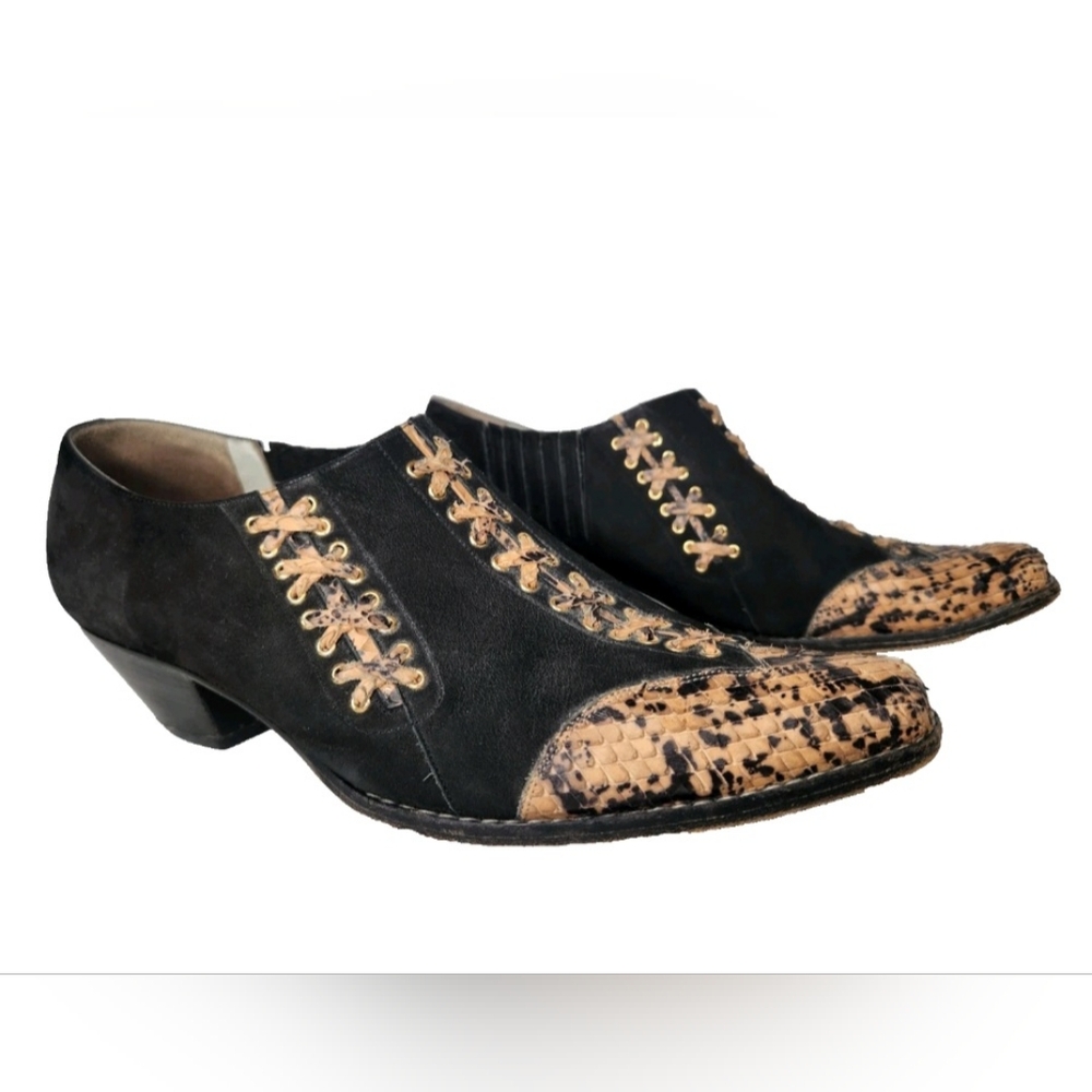 Vintage Western Black Leather Shoes Country Pointed Toe Snake Textured Italy 9
